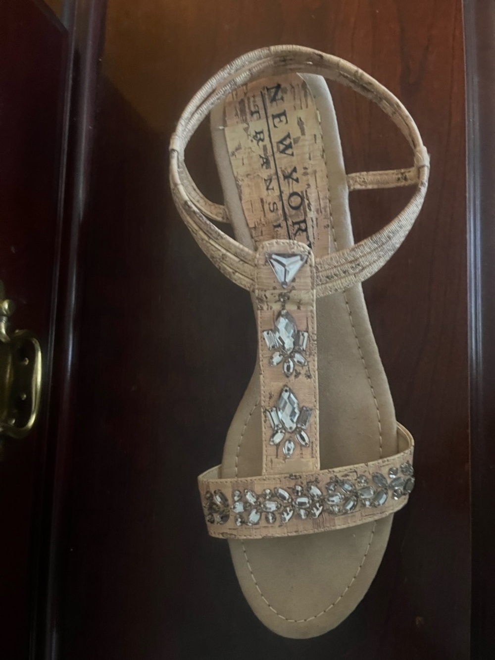 New York Transit Tan Jeweled T-Strap Sandal